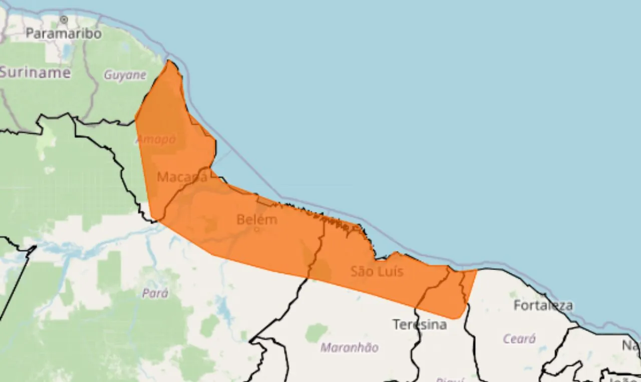 A imagem mostra as áreas em alerta para chuvas Intensas Atingem AP, PA, CE, PI e MA